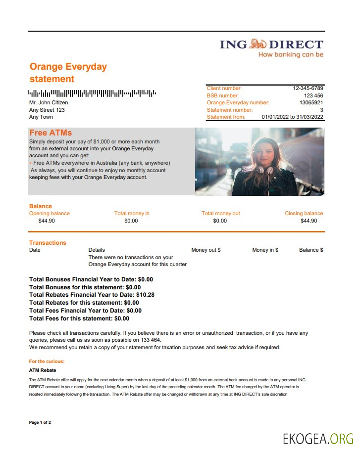 Australie Relevé bancaire ING Direct 2 pages xls